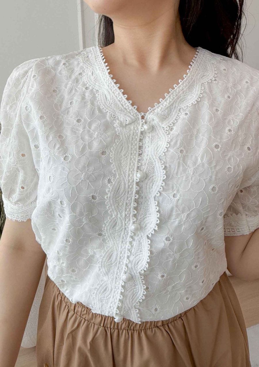 V-neck Lace Trim Puff Sleeve Top - Image 2