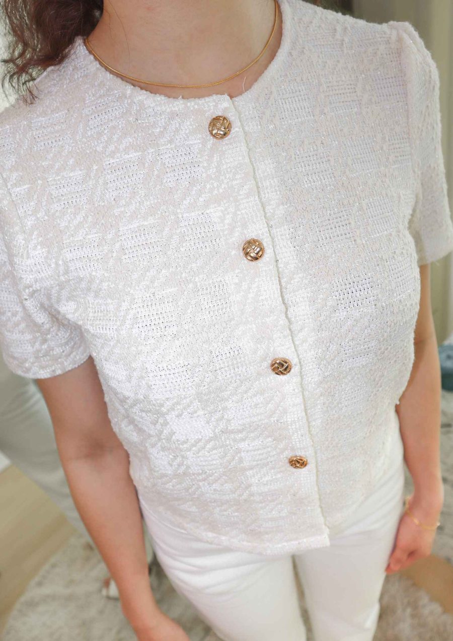 Embroidered Tweed Top with Gold Buttons - Image 6