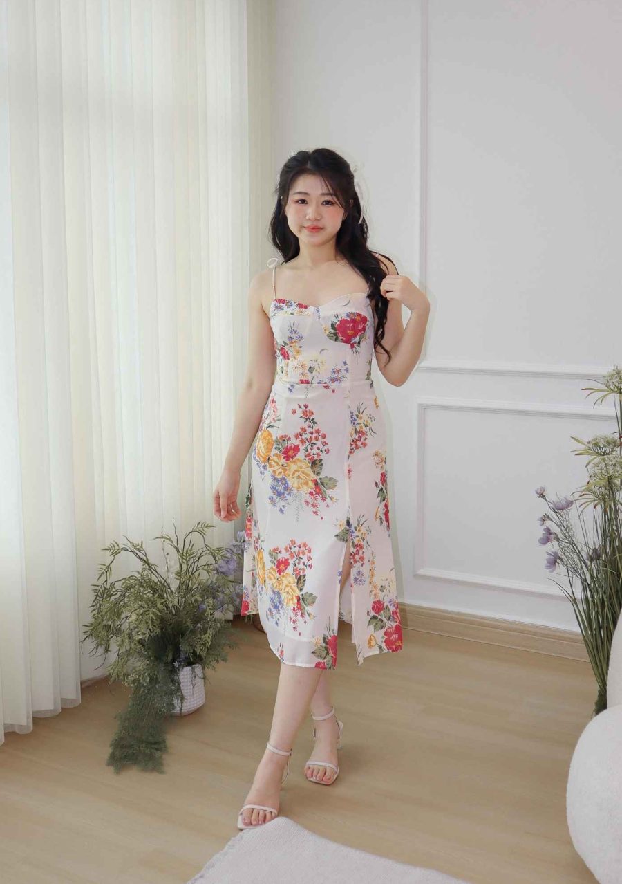 Front Slit Colorful Floral Print Cami Dress